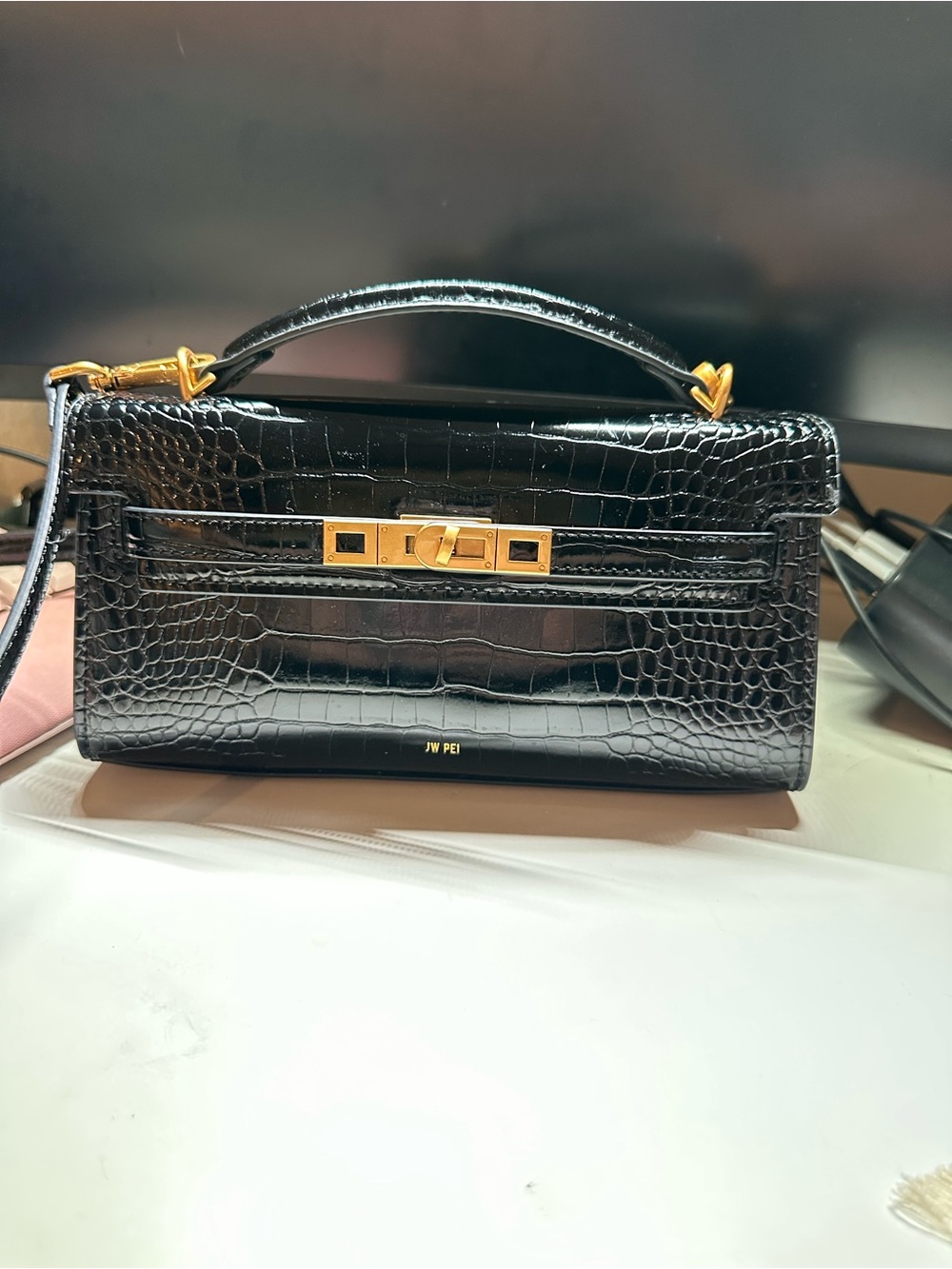 JW PEI Black Croc-Embossed Top Handle Satchel with Gold Hardware